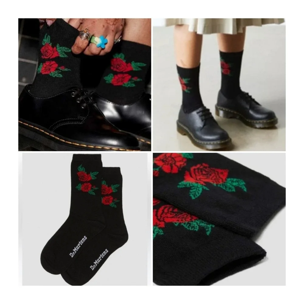 1-Pair Dr. Martens Vonda Short Socks Women's Size M/L Black/Red Floral Print